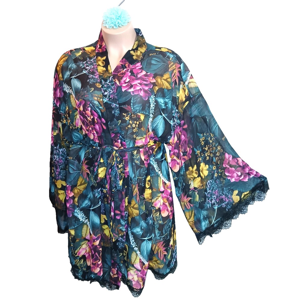 Cacique Kimono Robe Women 22 24 Floral Multi Color Lace Wide Sleeves Intimates